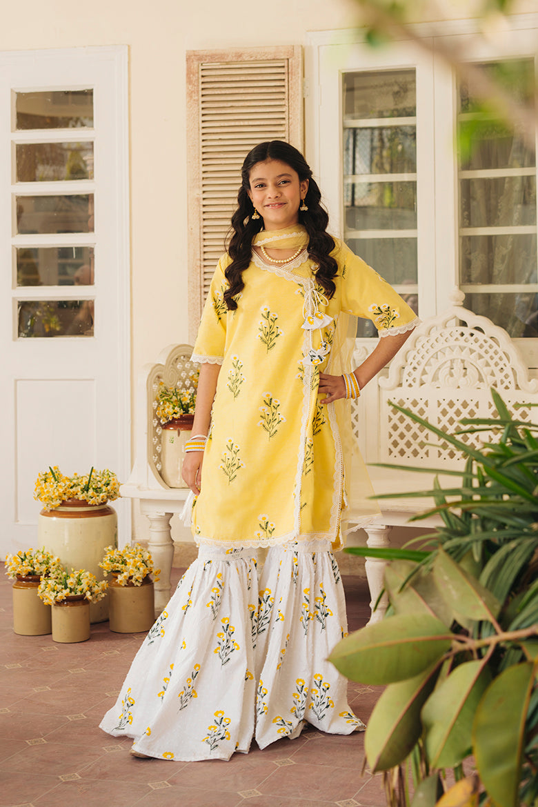 Jaan-e-Bahar - Yellow & White Block Printed Gharara Set 4 pc