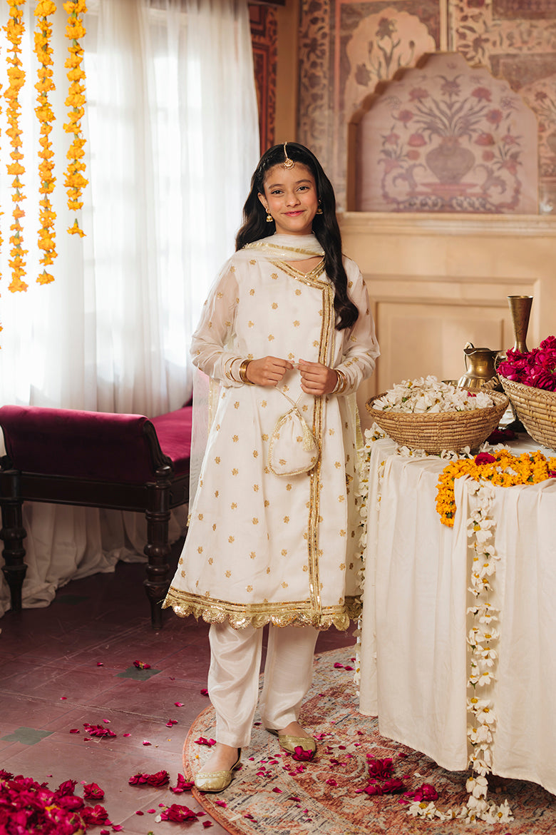 Nargis - White & Gold embroidered Angrakha Suit (4-Pcs)